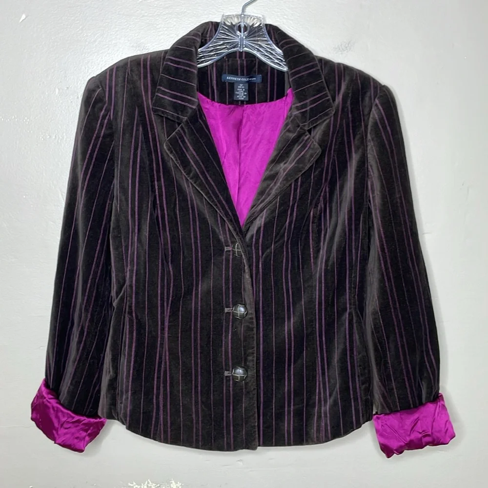 KENNETH COLE Velvet Blazer Brown & Magenta Stripe Single Breasted Hand Pockets - Picture 1 of 12